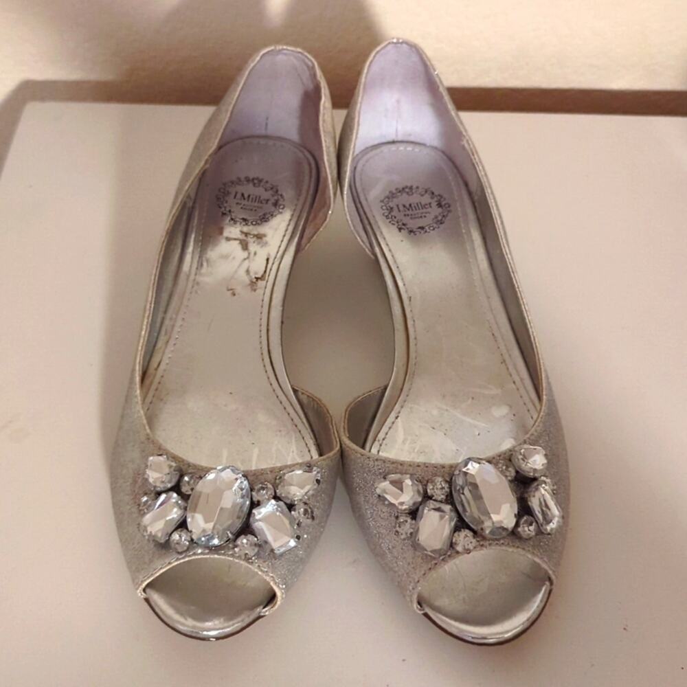 I Miller RHODA Silver Peep Toe Glitter Wedge Embellished Shoes Wedding Size 7.5